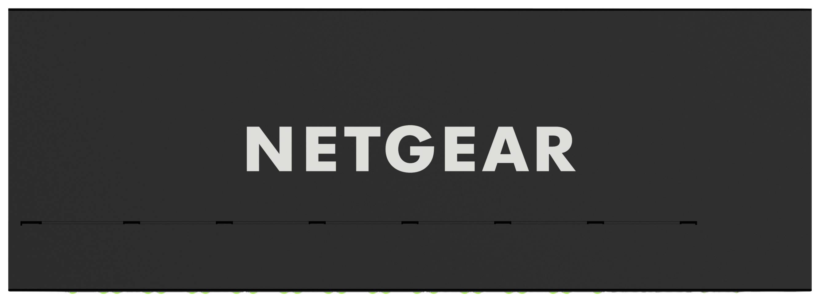 Schwarzes rechteckiges Gerät mit 'NETGEAR'-Logo in der Mitte. Wahrscheinlich ein Router oder Netzwerkgerät.