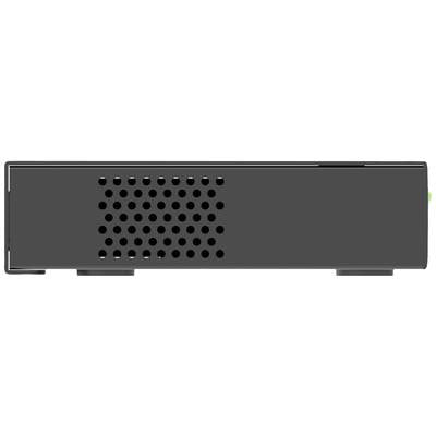 Eine schwarze Box mit Belüftungslöchern auf der Vorderseite, wahrscheinlich ein elektronisches Gerät wie ein Receiver oder Router.