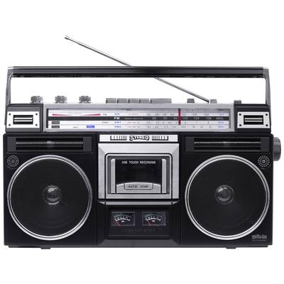 Ein klassischer tragbarer Kassettenrekorder mit Lautsprechern, Tuner und Antenne, typisch für die 1980er Jahre.