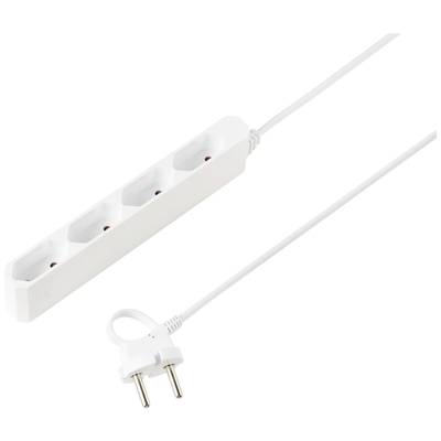 Weiße Mehrfachsteckdose mit drei Steckplätzen und einem weißen Kabel, das zu einem Eurostecker führt.
