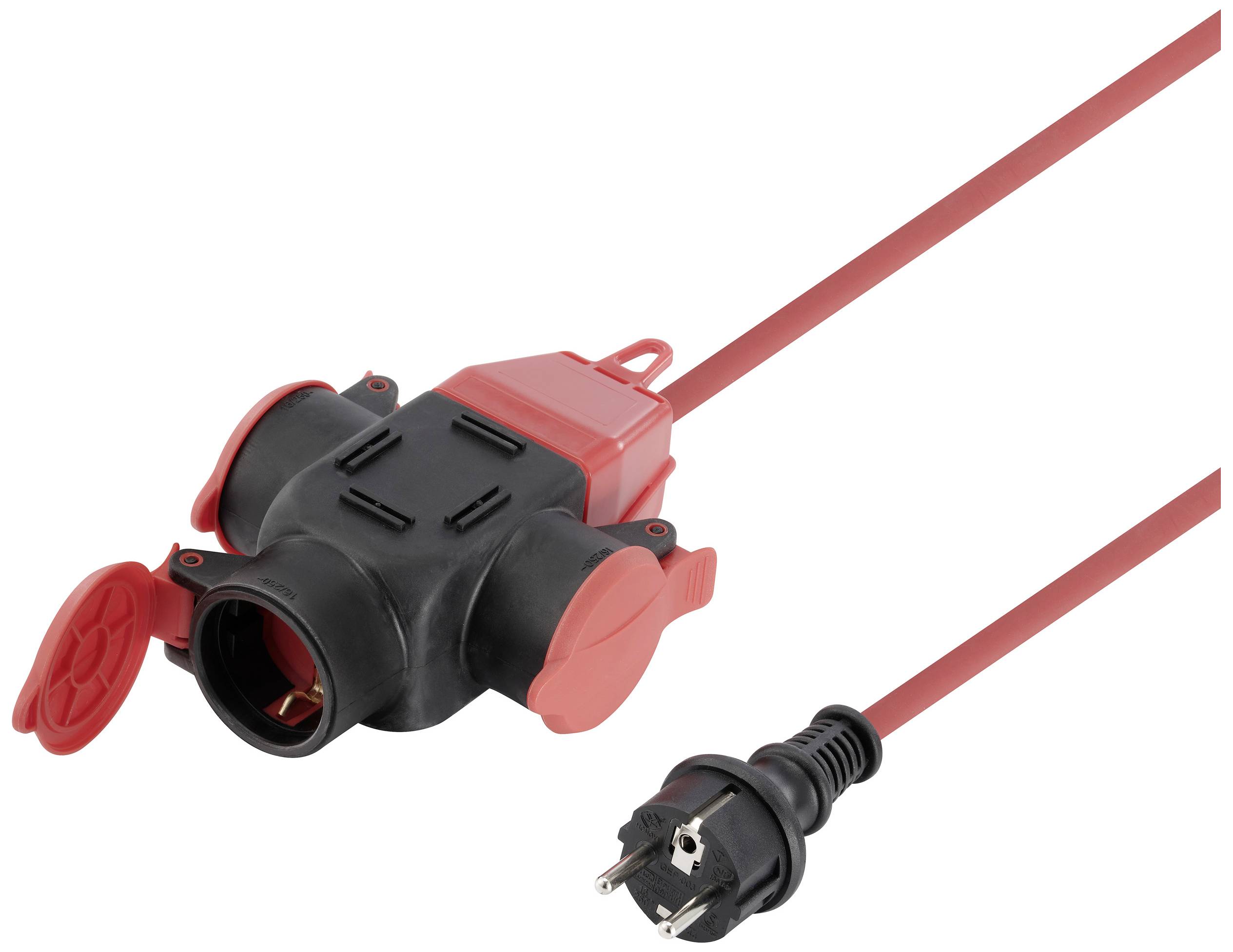 Rote Verteilerdose mit drei Anschlüssen, schwarzem Stecker und rotem Kabel auf weißem Hintergrund. Geeignet für den Garten.