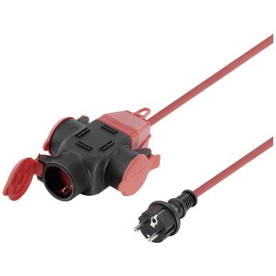 Rote Verteilerdose mit drei Anschlüssen, schwarzem Stecker und rotem Kabel auf weißem Hintergrund. Geeignet für den Garten.