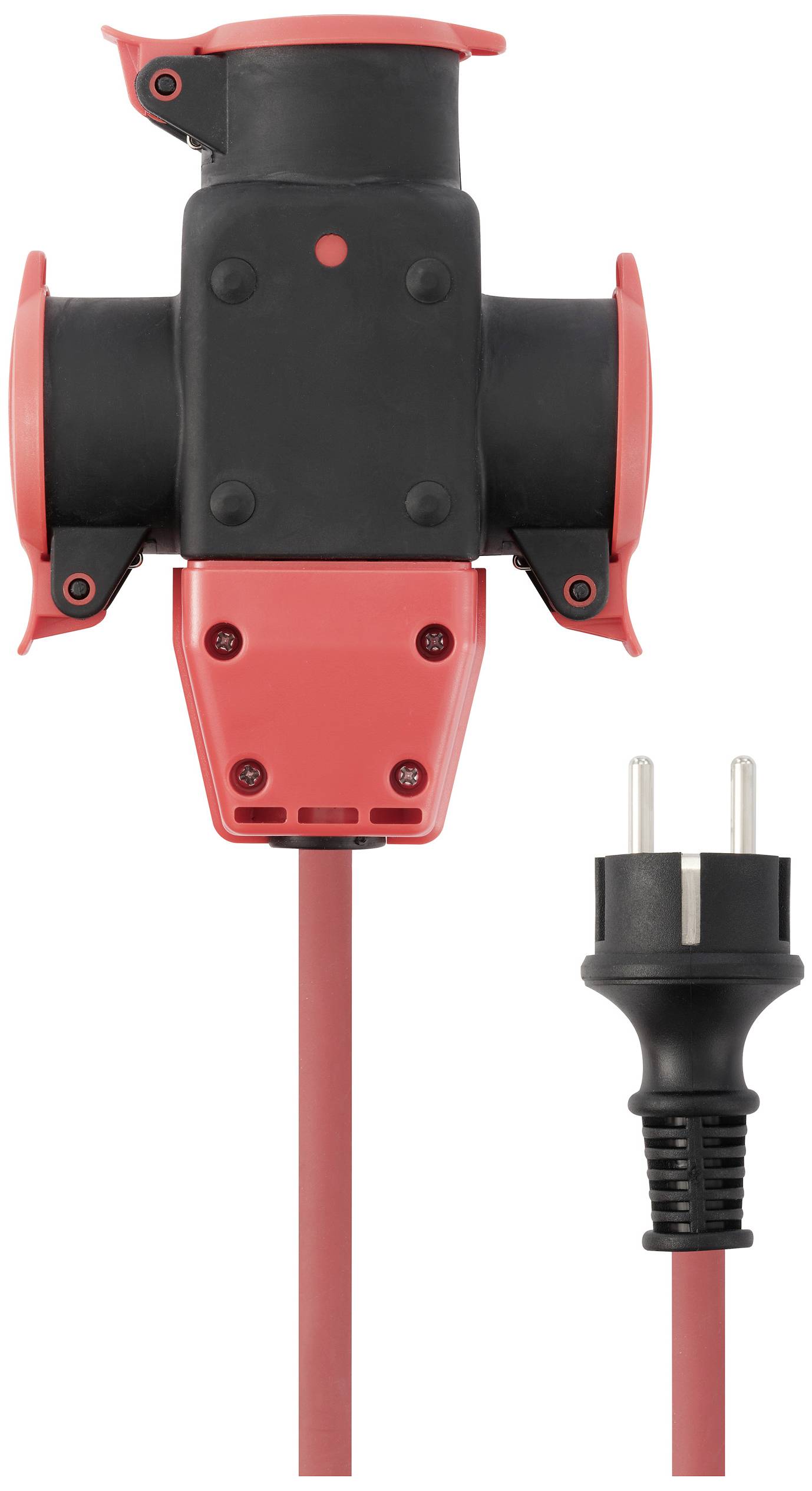 Schwarzer und roter Dreifachstecker mit einem abgetrennten Stecker auf weißem Hintergrund, geeignet für Stromverteilung.