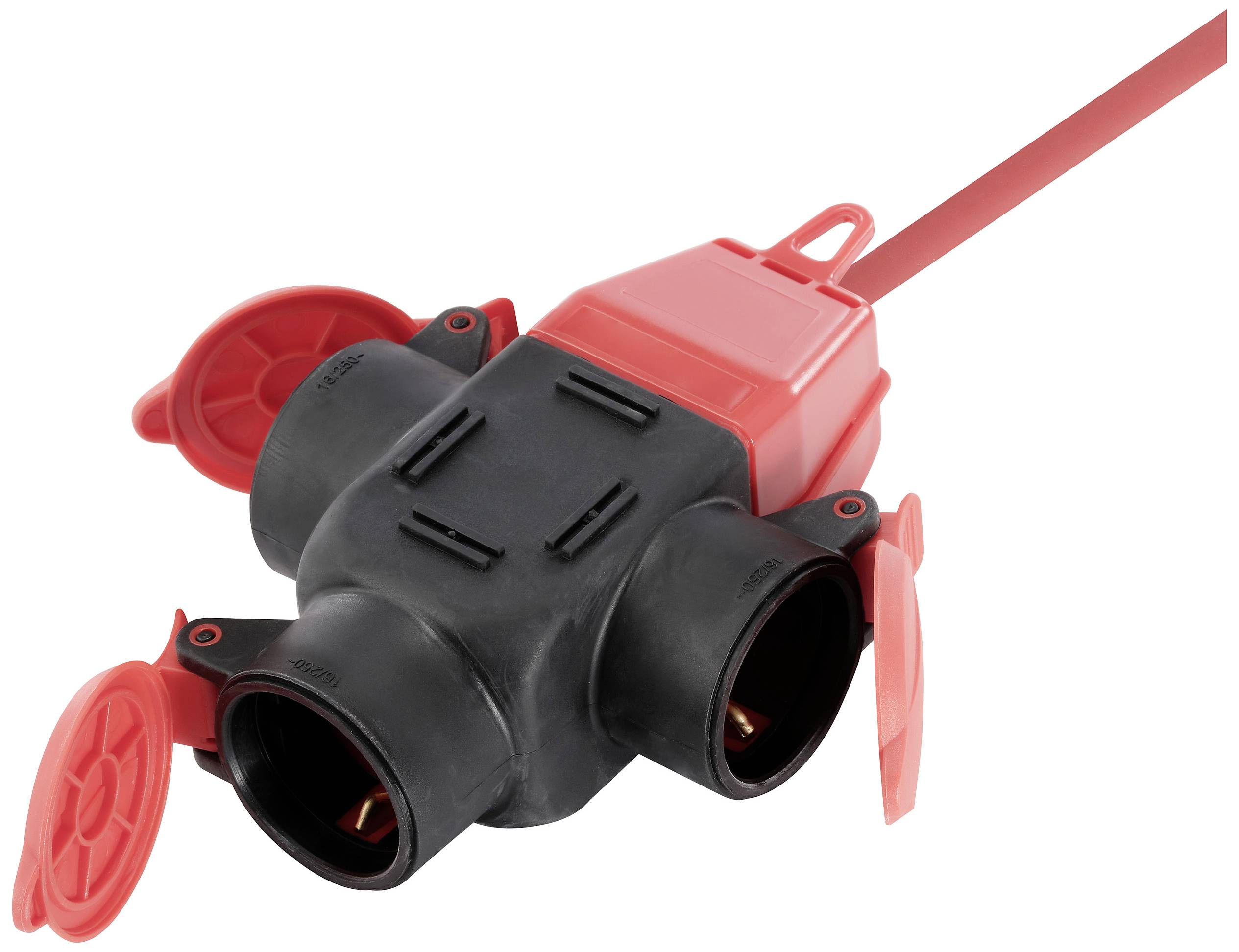 Schwarze dreifache Steckdosenleiste mit rotem Kabel und drei verschließbaren Schutzabdeckungen geöffnet, für Stromverteilung geeignet.