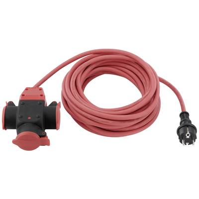 Rotes Verlängerungskabel mit Mehrfachsteckdose und Stecker. Geeignet für den Einsatz im Innen- oder Außenbereich zur Stromversorgung.