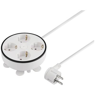 Eine runde, weiße Mehrfachsteckdose mit vier Steckplätzen und einem angeschlossenen Netzkabel. Geeignet für EU-Stecker.