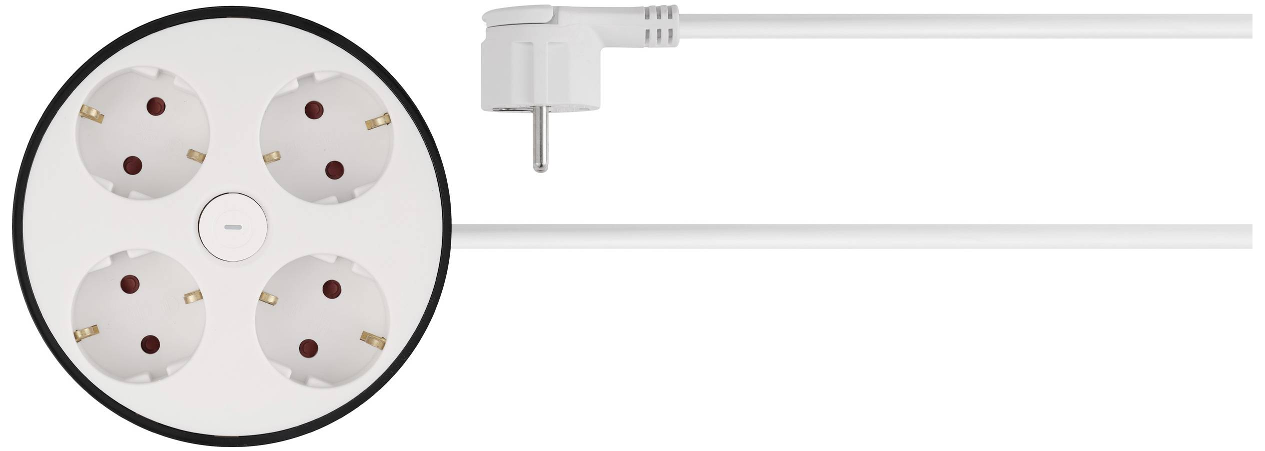 Runde, weiße Mehrfachsteckdose mit vier Anschlüssen und langem Kabel, geeignet für europäische Stecker.