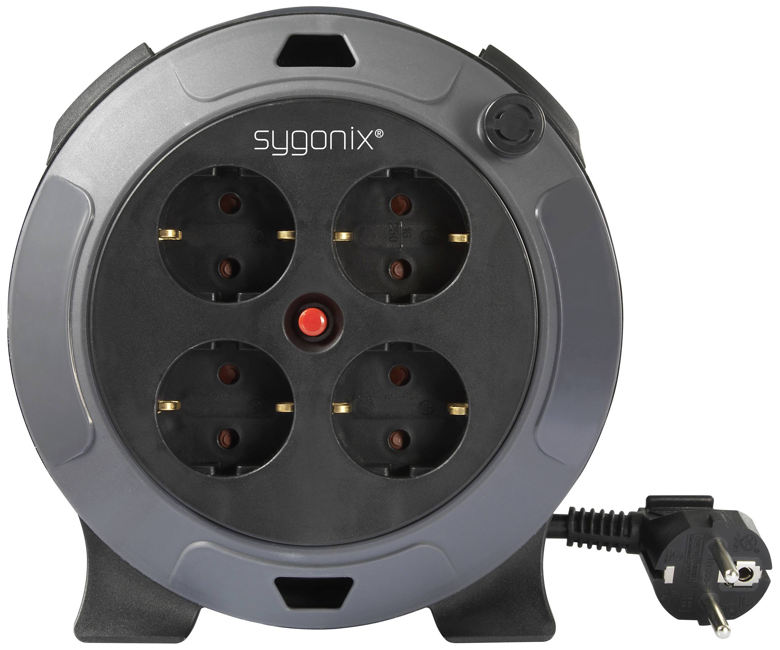 Eine runde, tragbare Kabeltrommel mit vier Steckdosen und einem eingesteckten Stromkabel, Marke 'sygonix'.