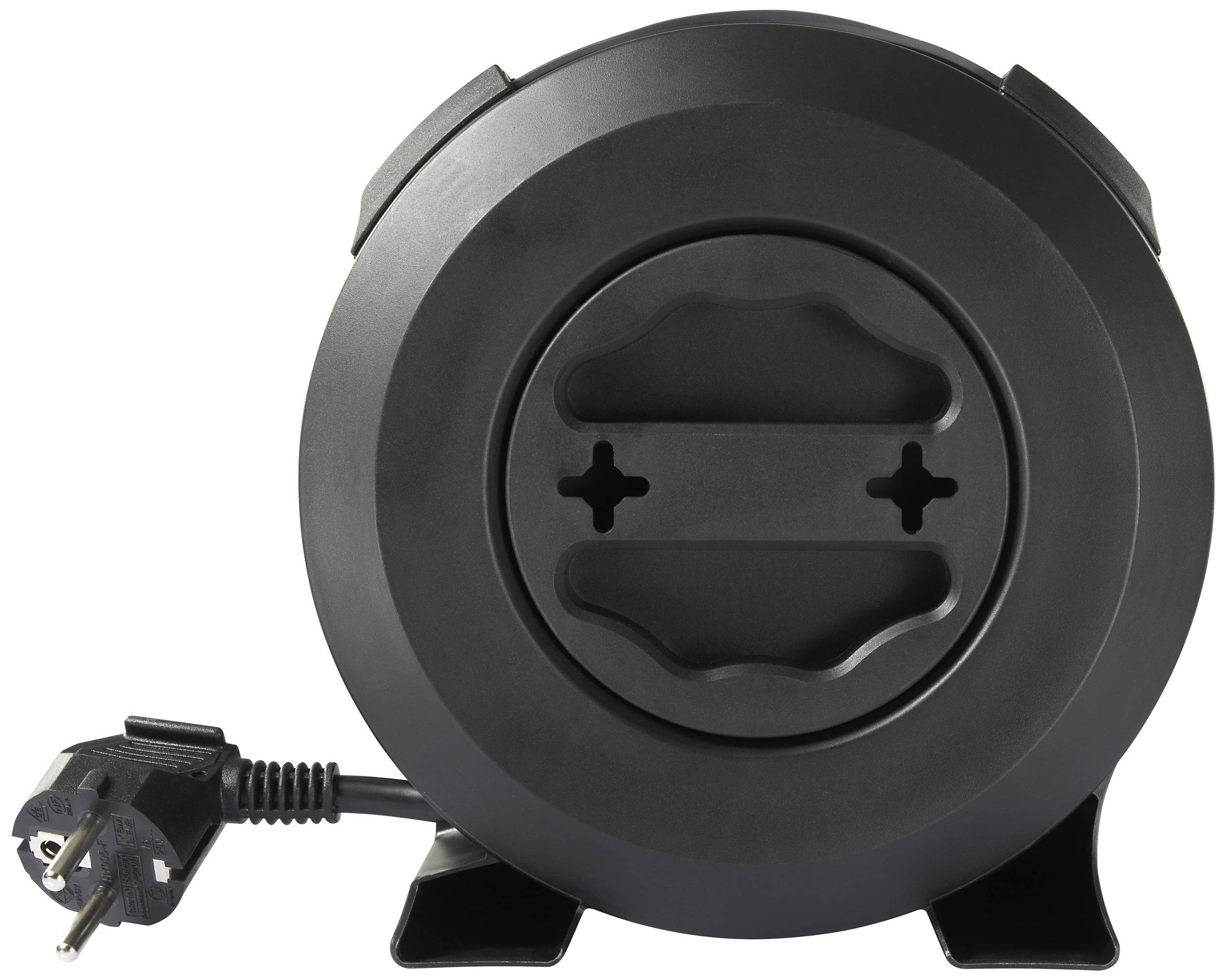 Schwarze Kabeltrommel mit eingewickeltem Kabel und seitlich herausragendem Stecker, auf zwei stabilen Füßen stehend.
