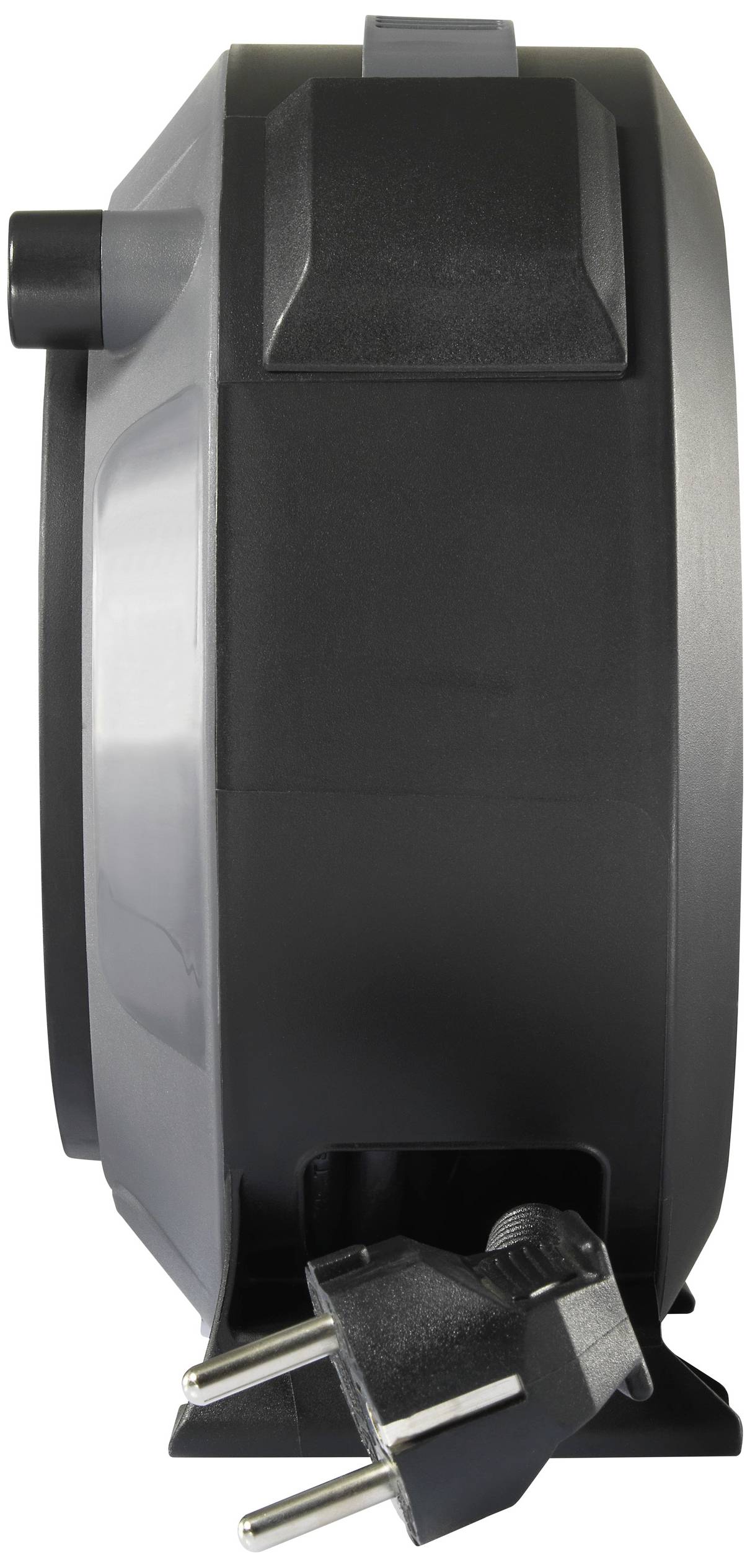 Ein schwarzer Kabelaufroller mit einem europäischen Stecker ist seitlich abgebildet.