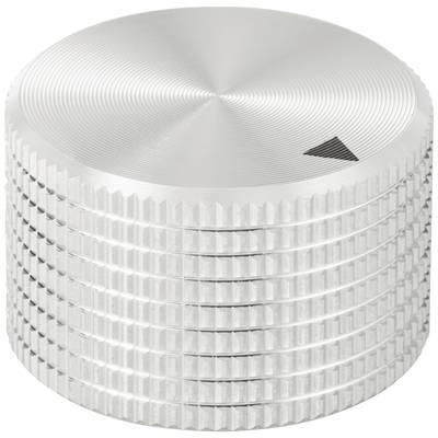 Ein silbernes, geriffeltes Drehknopf-Design, das möglicherweise zur Steuerung von Elektronikgeräten verwendet wird.
