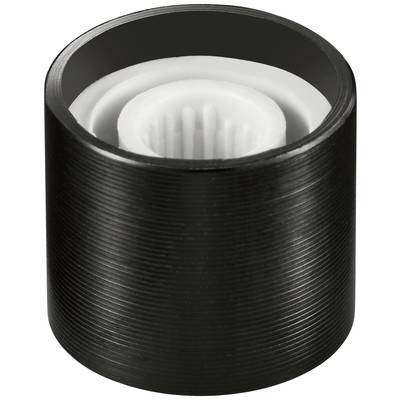 Zylindrisches Bauteil aus schwarzem Kunststoff mit weißem Innenleben, möglicherweise ein Teil einer mechanischen oder elektrischen Vorrichtung.