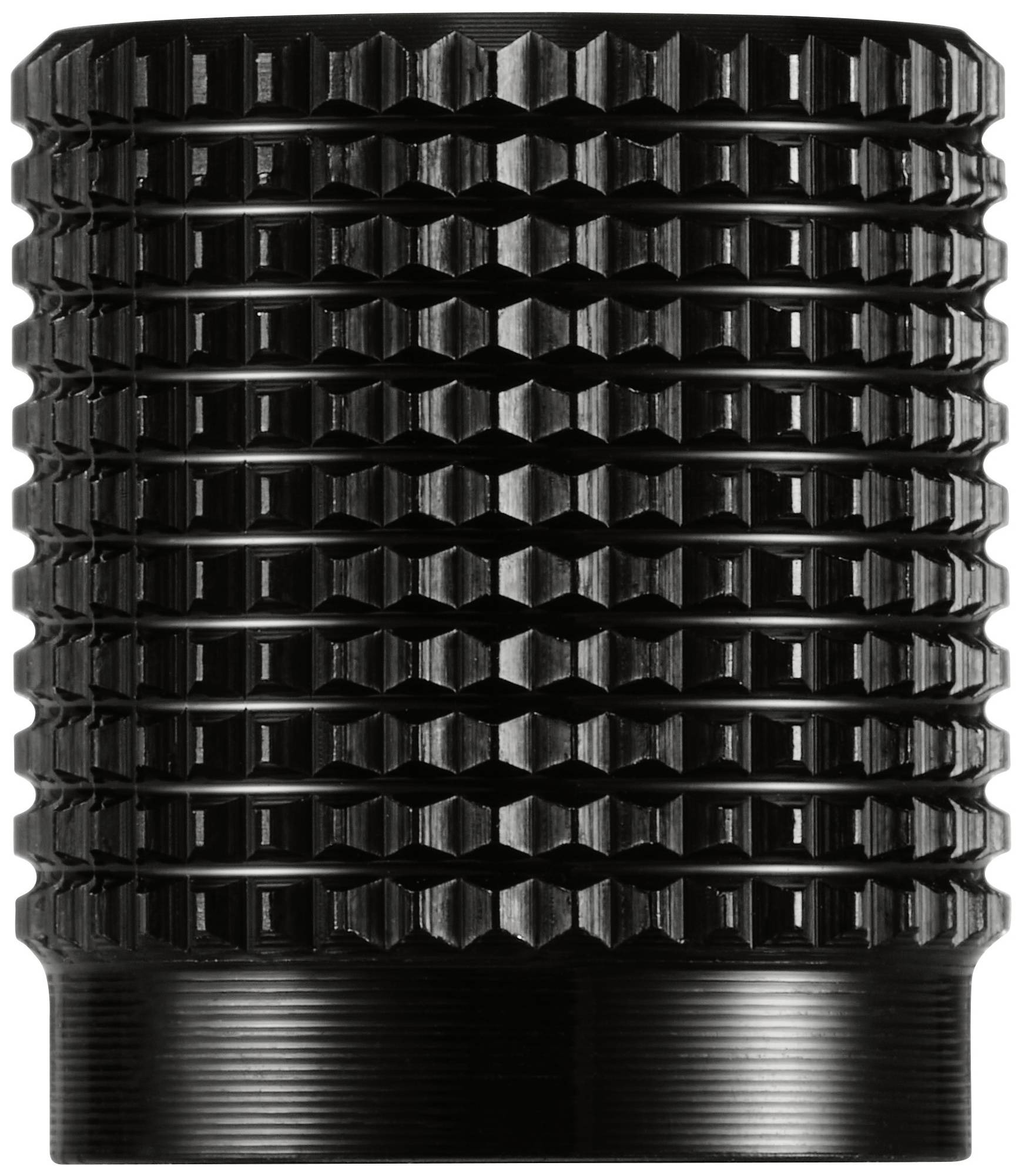 Ein zylinderförmiges, schwarzes Objekt mit strukturiertem Oberflächenmuster, möglicherweise mechanisches oder industrielles Bauteil.