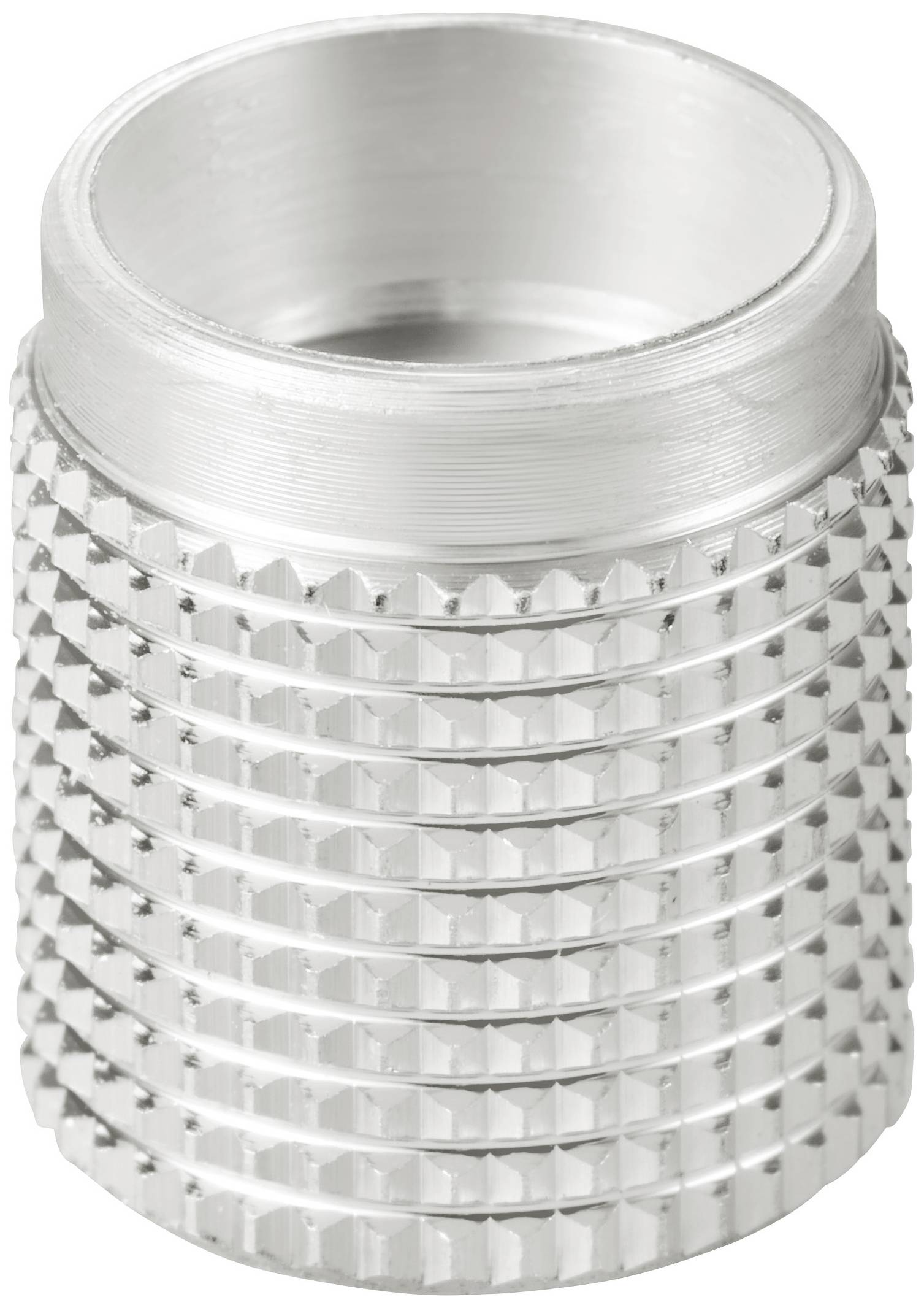 Metallhülse mit gerändelter Oberfläche zum sicheren Halt oder Befestigung. Zylindrische Form, silberfarben, technische Komponente.