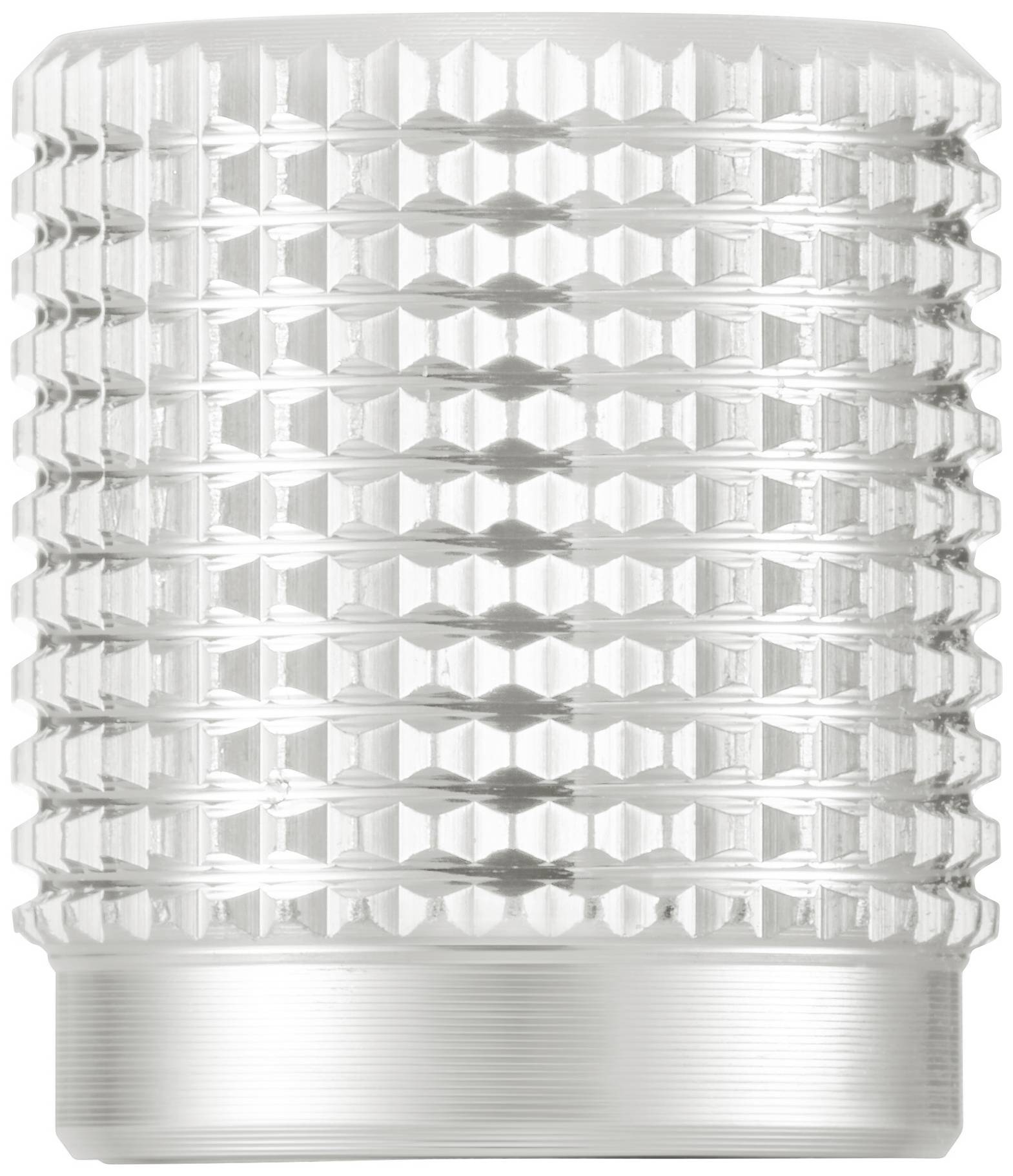 Ein transparentes Glas mit einem strukturierten, geriffelten Muster und einer glänzenden, silberfarbenen Basis.