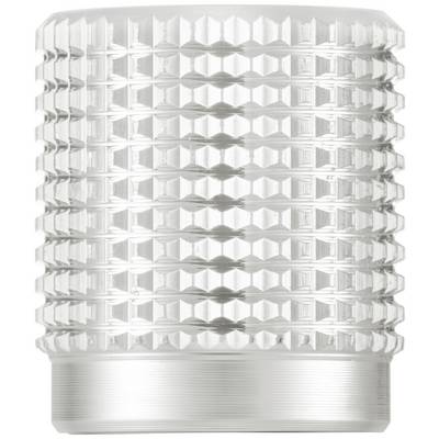 Ein transparentes Glas mit einem strukturierten, geriffelten Muster und einer glänzenden, silberfarbenen Basis.
