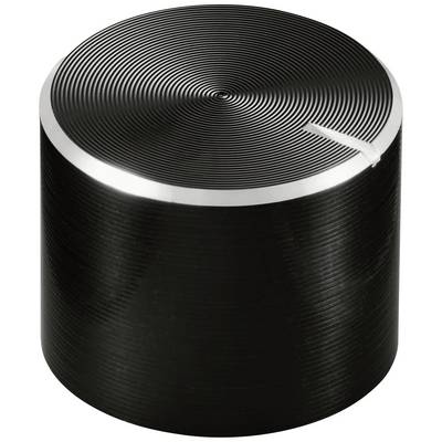 Schwarzer zylinderförmiger Knopf aus Metall mit geriffelter Oberfläche und einer Markierung auf der Oberseite.