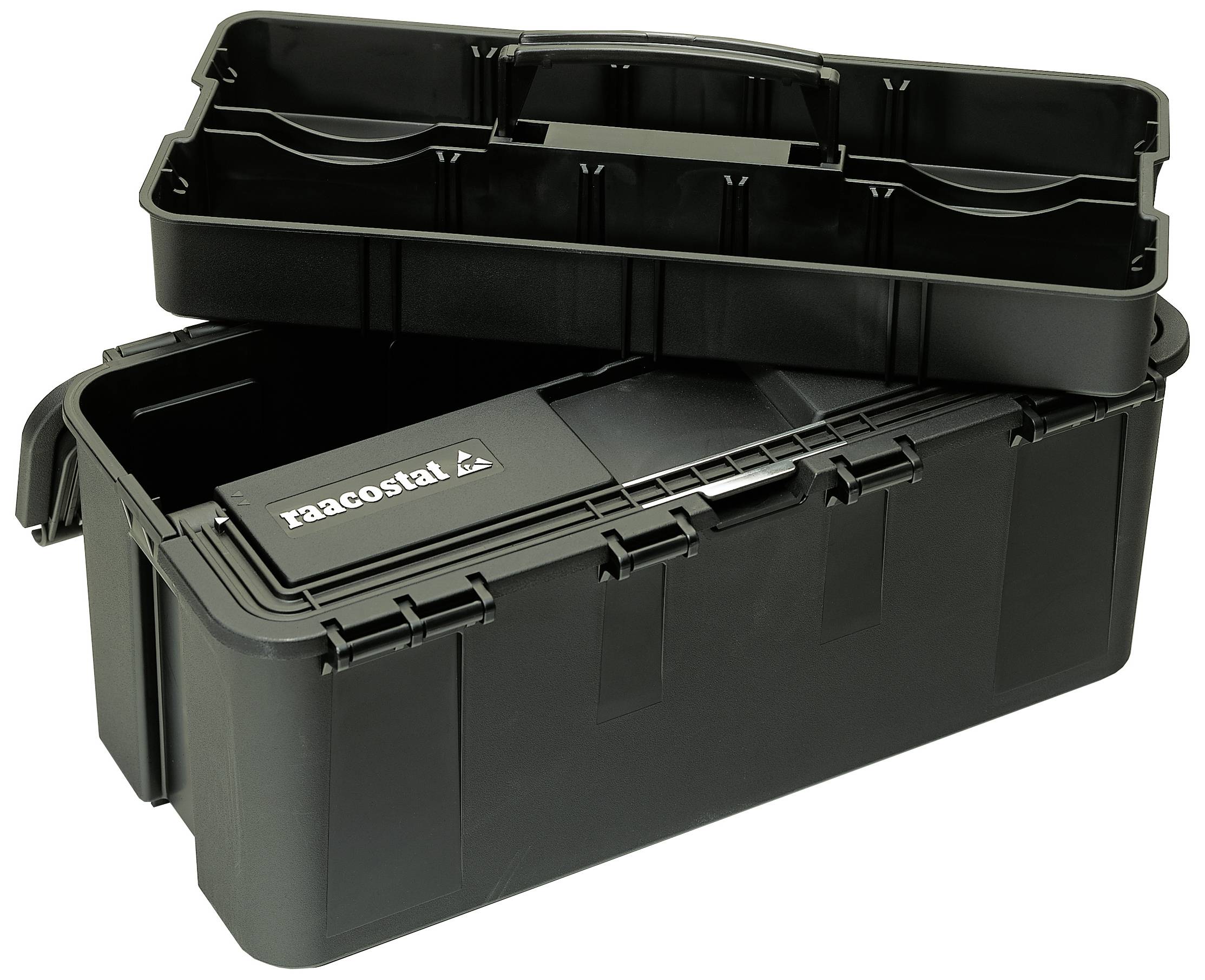Schwarzer Werkzeugkasten aus Kunststoff mit herausnehmbarer, oberer Ablage und markiertem Logo. Offen, zeigt Innenfächer.