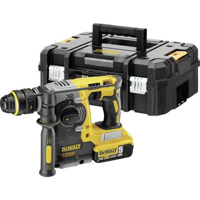 'DeWalt Akkubohrhammer' mit Zubehörkoffer, gelb-schwarz, ausgestattet mit 5 Ah Lithium-Ionen-Akku, geeignet für Bau- und Heimwerkerarbeiten.