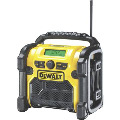 Ein tragbares, robustes gelbes Baustellenradio mit integrierter Antenne und digitalem Display. Zeigt das Logo 'Dewalt'.