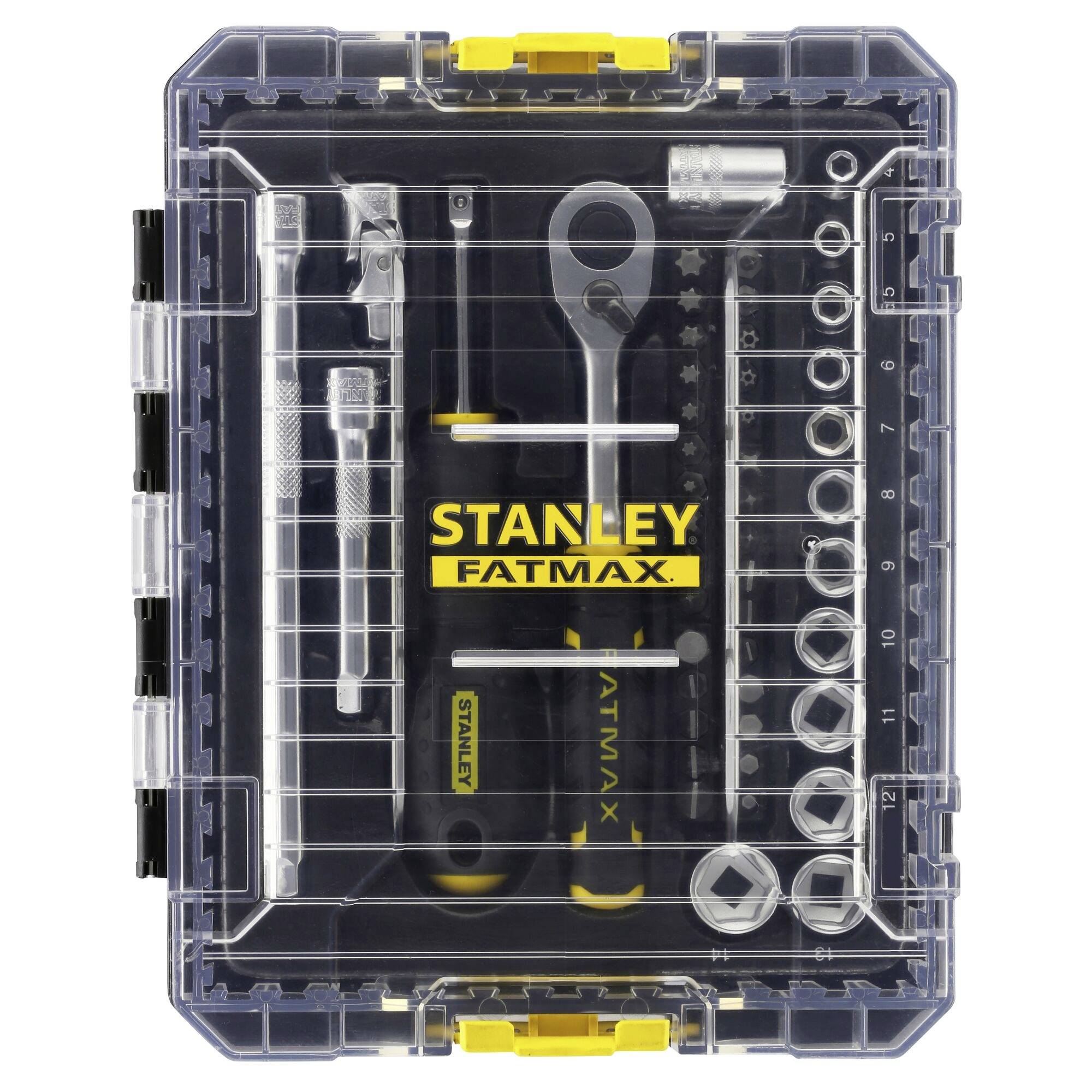 Ein durchsichtiges Etui mit dem Schriftzug 'Stanley Fatmax' enthält verschiedene mechanische Werkzeuge und Steckschlüsseleinsätze, ordentlich angeordnet.