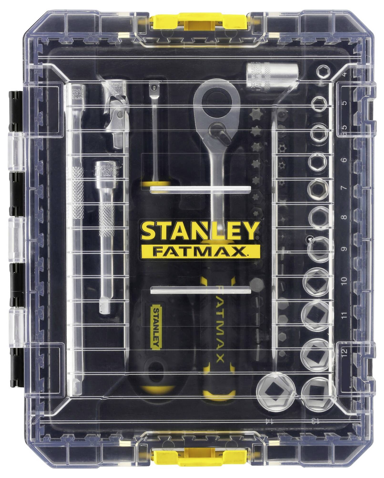 Eine geöffnete Werkzeugkiste mit Schraubenschlüsseln, einem Schraubendreher und einem Steckschlüsselset. Markiert mit 'Stanley Fatmax'.
