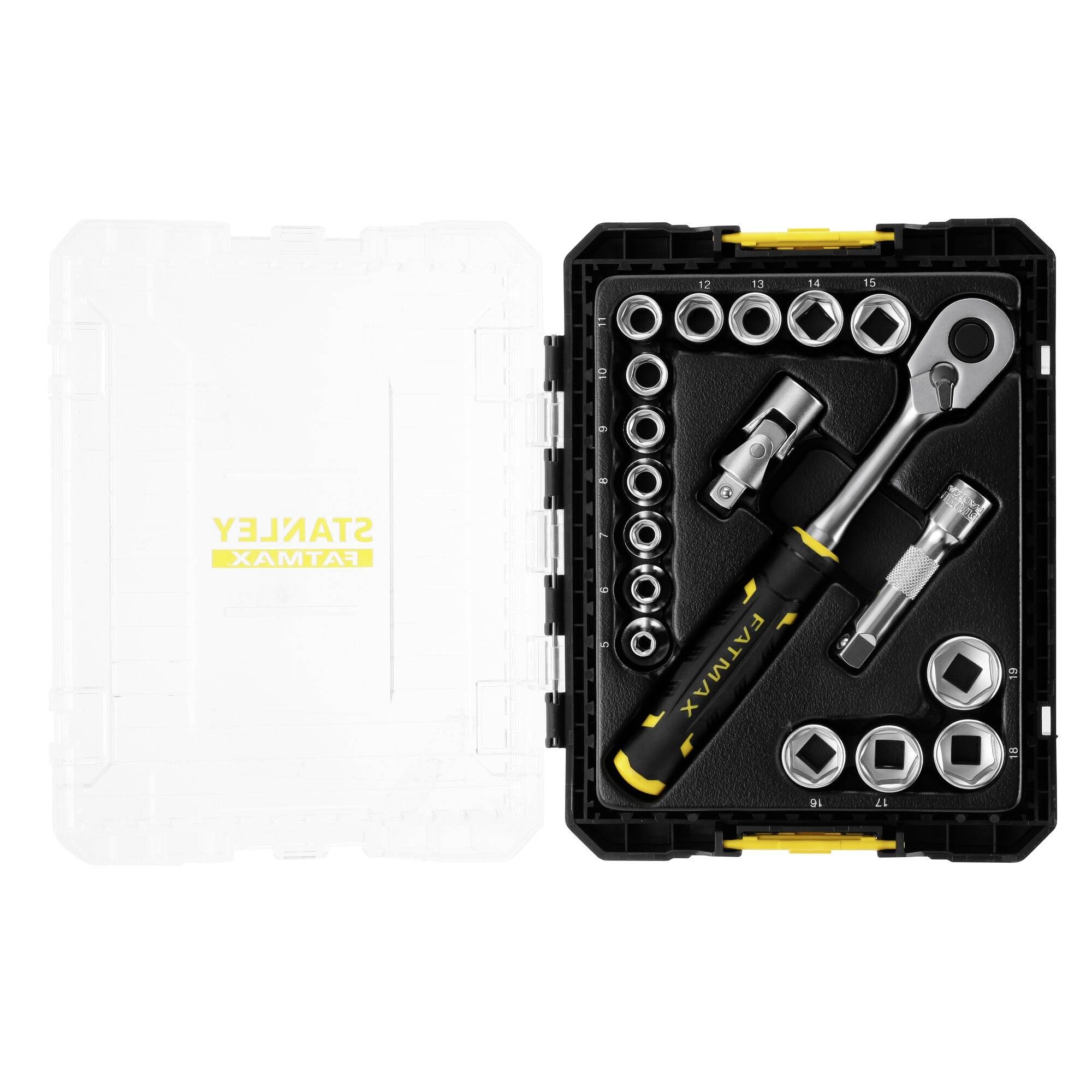 'Satz Ratschen-Steckschlüssel mit gelbem Griff, verschiedenen Stecknüssen und Verlängerungen in schwarzem Koffer'