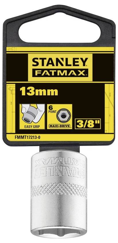 'Nuss 13mm, Stanley FatMax, 3/8", 6-kantig, Easy Grip, Maxi-Drive' auf Verpackungsetikett.