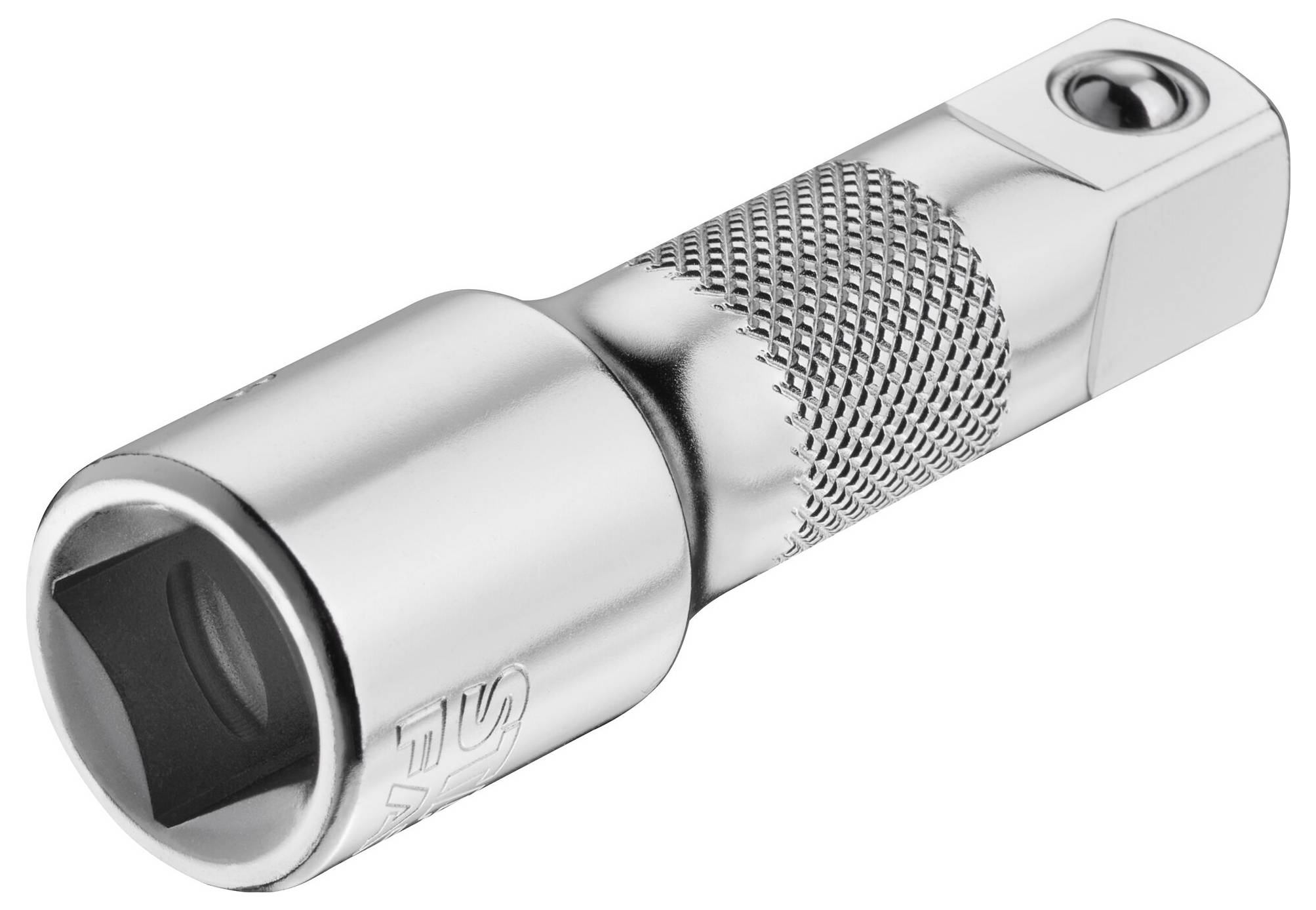 Ein silberner Steckschlüsseladapter aus Metall mit einem gerändelten Griff für besseren Halt, dargestellt auf weißem Hintergrund.