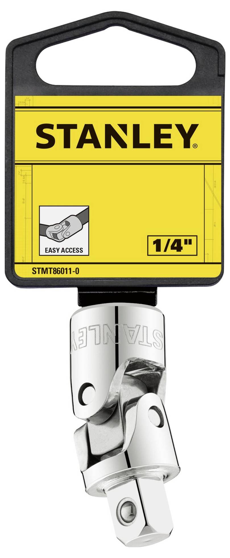 Universal-Gelenk von Stanley in Chrom-Finish, gekennzeichnet mit '1/4"' und 'EASY ACCESS' auf gelbem Etikett.