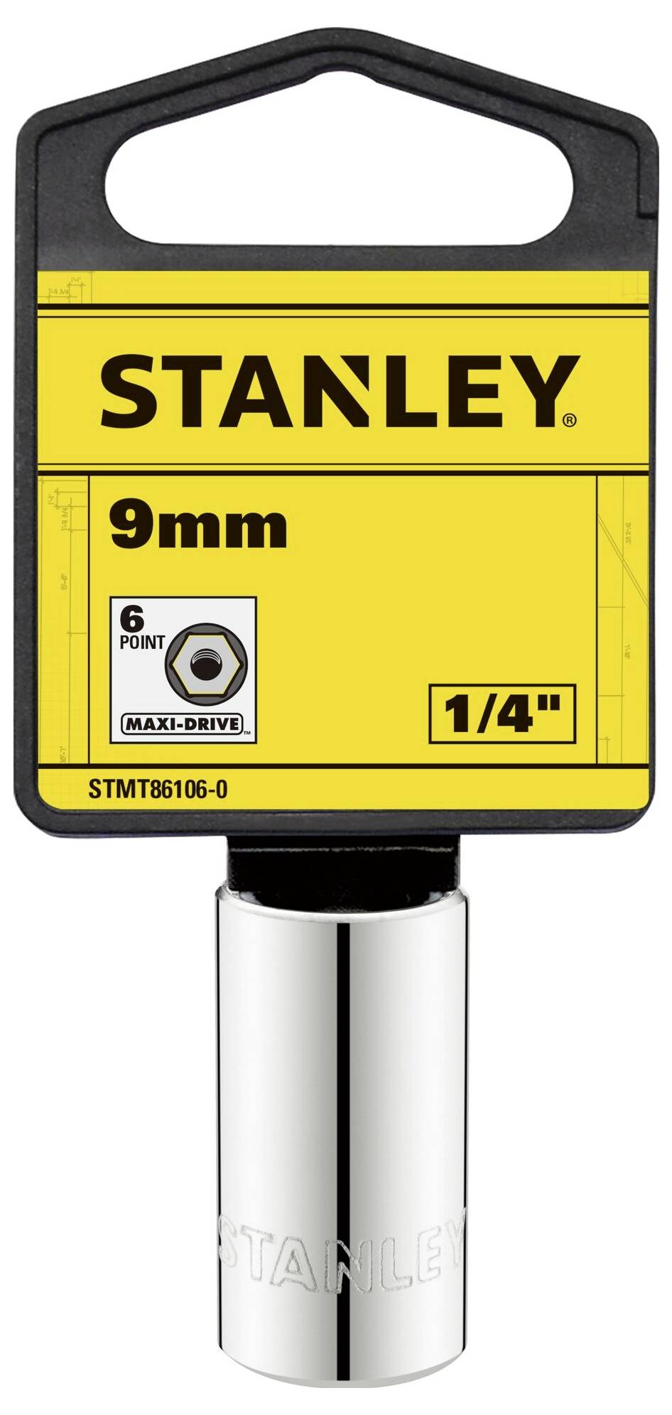Steckschlüssel von 'STANLEY', Größe 9 mm, 6-kant, mit Maxi-Drive. Verpackung zeigt Firmenlogo und Produktdetails.