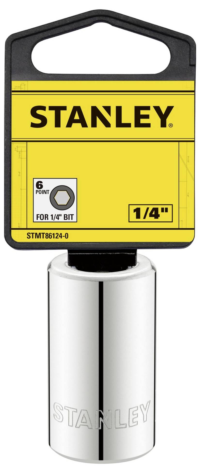 Ein Sechskantschraubenschlüssel von Stanley für einen 1/4-Zoll-Bit, verpackt in einer gelben Blisterverpackung mit schwarzem Text.