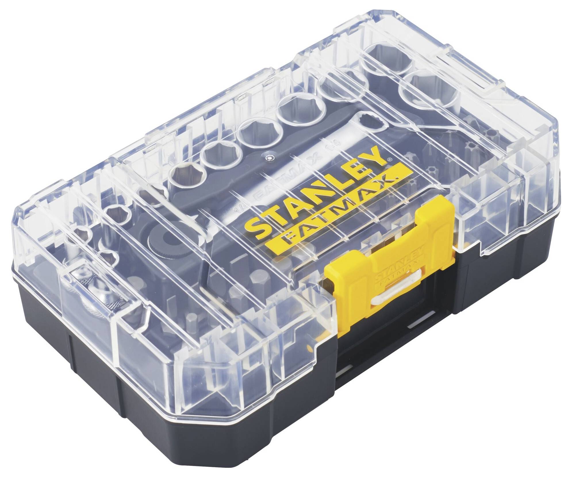 Transparente Werkzeugbox mit gelbem Verschluss und 'Stanley Fatmax'-Logo auf dem Deckel, geeignet zur Aufbewahrung kleiner Teile.