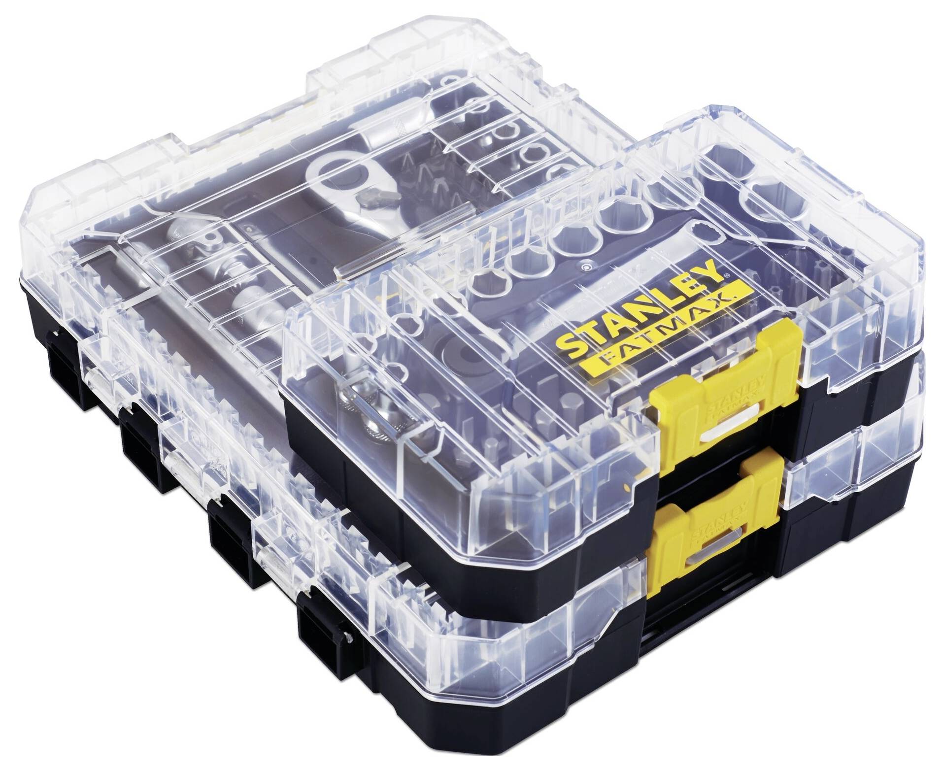 Ein transparenter Stanley Fatmax Organizer mit gelbem Logo, gefüllt mit verschiedenem Werkzeug, ideal zur übersichtlichen Aufbewahrung.