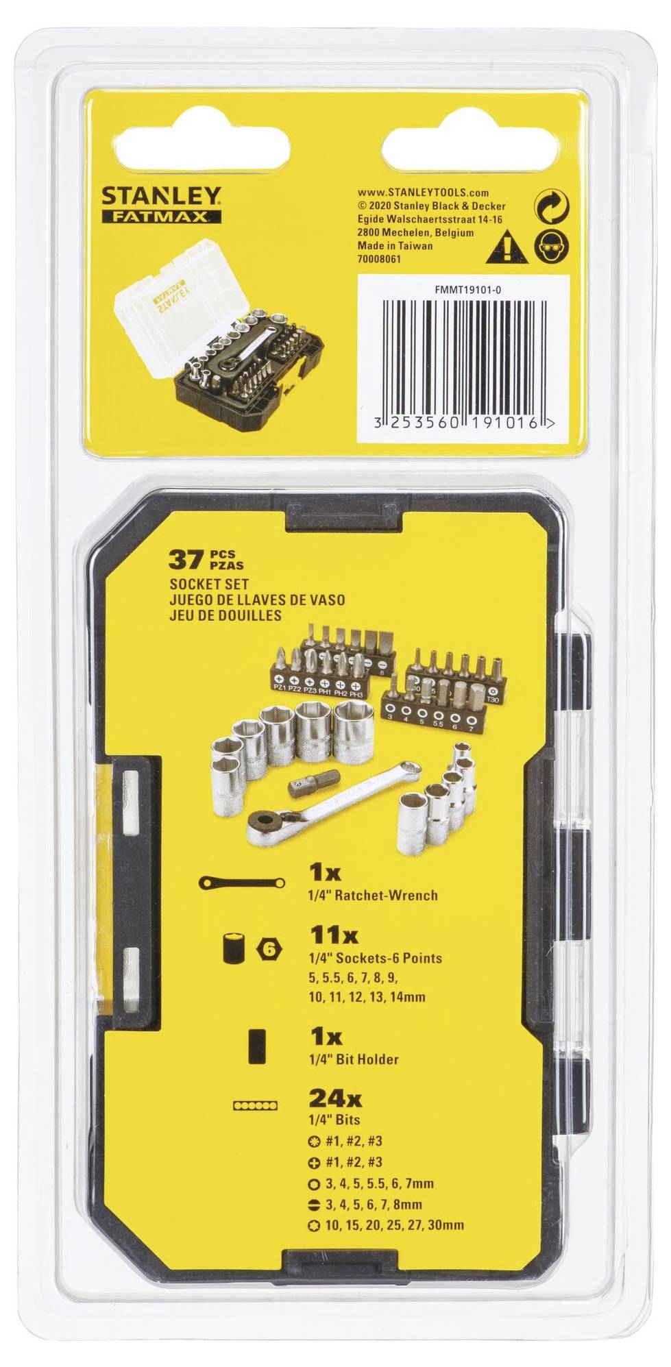 Set von Stanley mit 37 Teilen, einschließlich Steckschlüssel und Ratsche. Verpackung zeigt Werkzeuge und Auflistung der Inhalte.