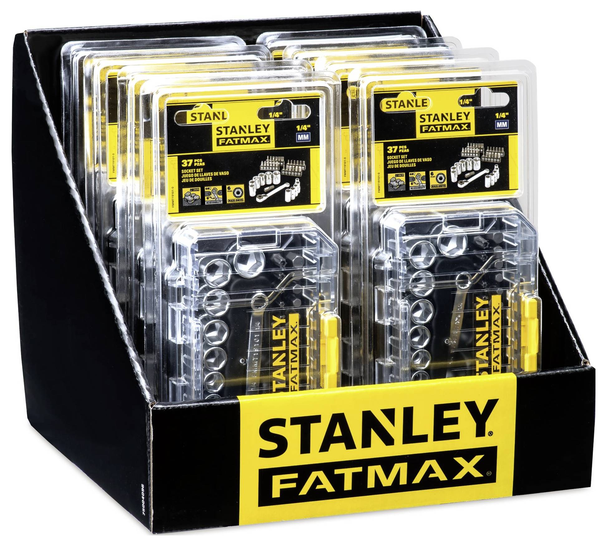 'Darstellung von Stanley Fatmax Werkzeugkasten in einer Verkaufsverpackung, zeigt mehrere Sets mit Schraubenschlüsseln und Bits.'