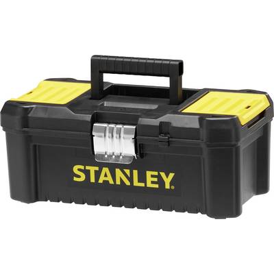 Schwarzer Werkzeugkasten mit gelber Aufschrift 'STANLEY'. Oben zwei gelbe Fächer und Griff. Verschluss aus Metall.