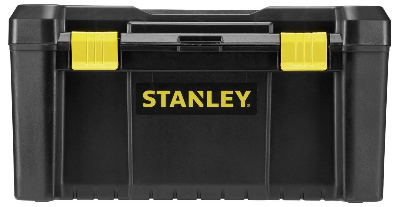 Schwarzer Werkzeugkasten mit gelbem Verschluss und dem Schriftzug 'Stanley' auf der Vorderseite.