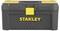 Ein schwarzer Werkzeugkasten mit gelbem Griff und gelbem Logo mit der Aufschrift 'Stanley'. Ideal zur Aufbewahrung von Werkzeugen.
