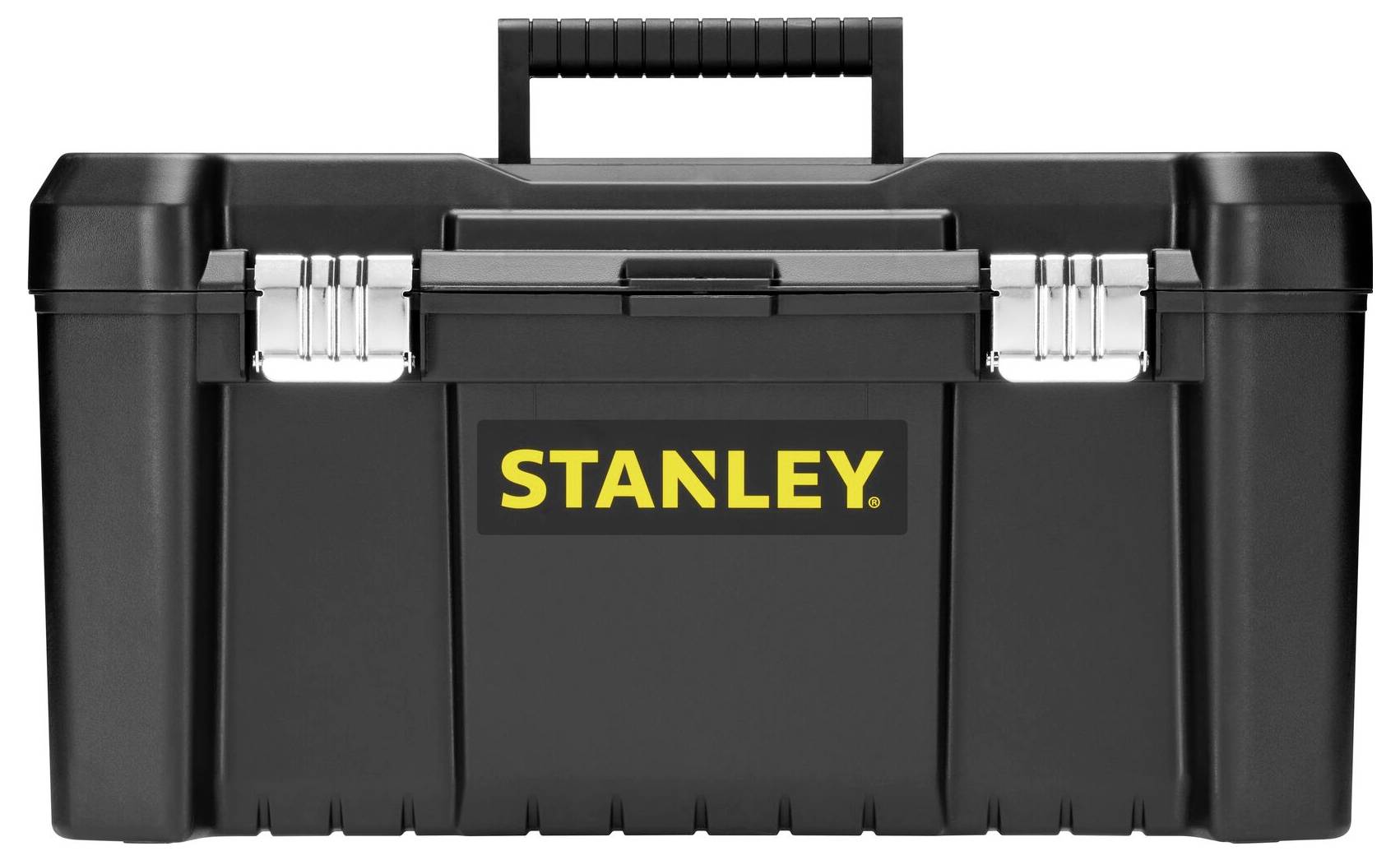 Eine schwarze Werkzeugkiste mit silbernen Verschlüssen. Auf der Vorderseite steht der Markenname 'STANLEY' in gelber Schrift.