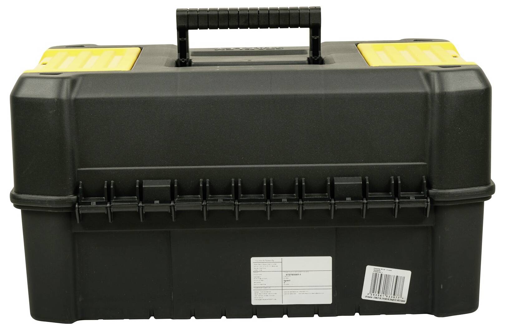 Schwarzer Werkzeugkasten mit gelbem Griff und Verschlüssen, Etikett mit Barcode an der Vorderseite.