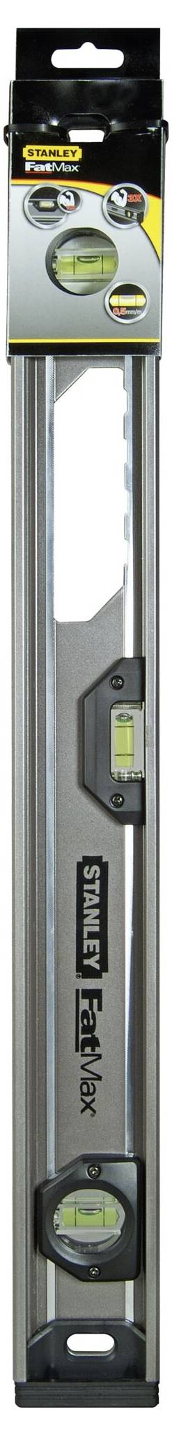 Wasserwaage von Stanley mit zwei Libellen, zeigt präzise Messungen; geeignet für horizontale und vertikale Ausrichtung. Verpackung betont Genauigkeit und Robustheit.