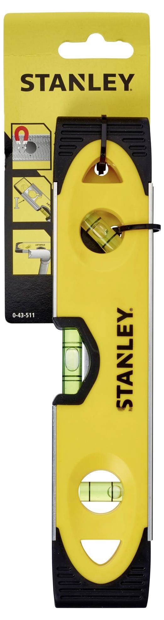 'STANLEY' Wasserwaage, gelb mit schwarzem Griff und zwei Libellen. An einer Verpackung befestigt, zeigt Anwendungshinweise.