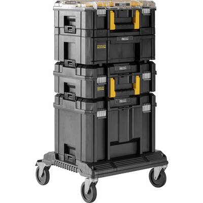 Profi-Werkzeugkoffer-Set auf Rollen mit mehreren stapelbaren, schwarzen Boxen und gelben Verschlüssen, ideal zur Aufbewahrung.
