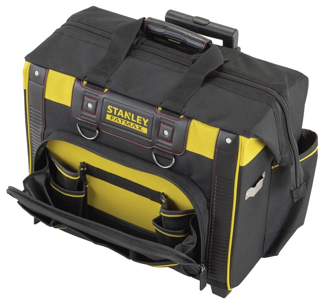 Eine schwarze und gelbe Werkzeugtasche mit mehreren Fächern und Griff, beschriftet mit 'STANLEY FATMAX'. Ideal zur Werkzeugaufbewahrung.
