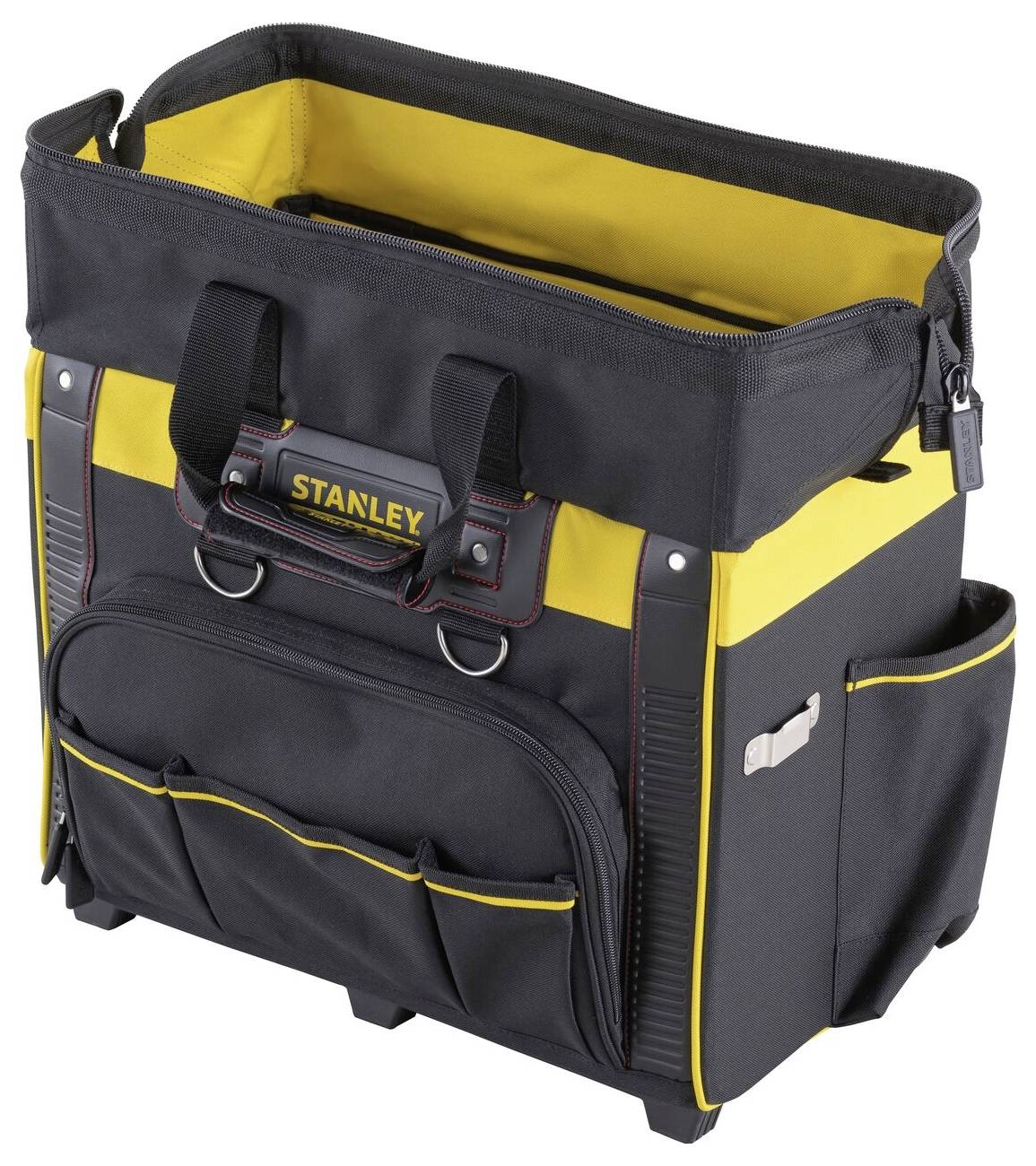 Schwarze Werkzeugtasche mit gelben Akzenten, zwei Tragegriffen, mehreren Fächern und Taschen. Markenname 'Stanley' auf der Vorderseite.