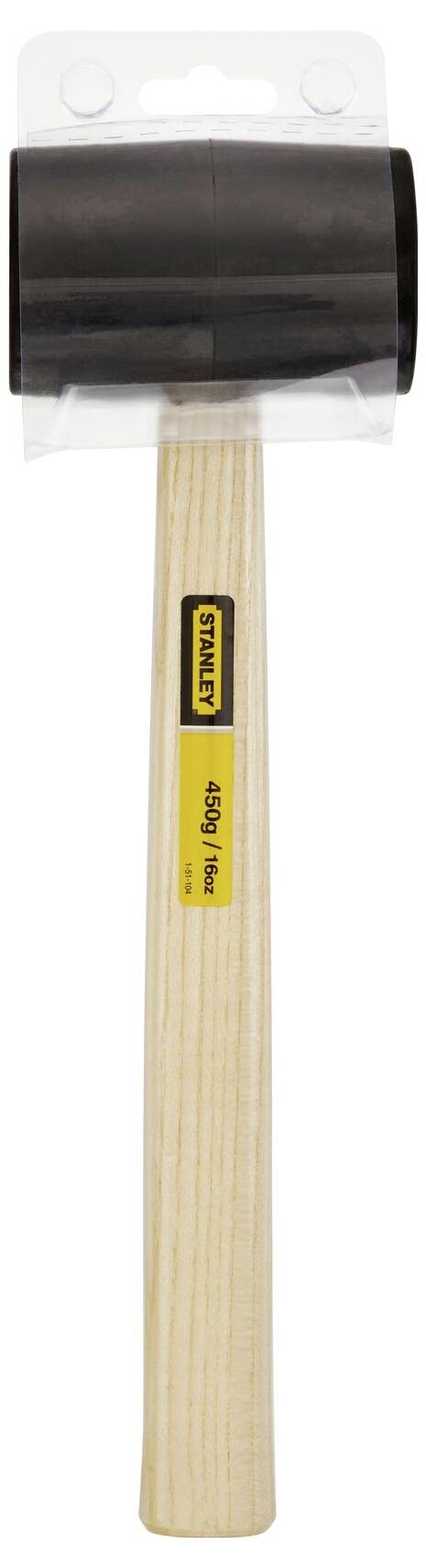 Ein schwarzer Gummihammer mit hellem Holzgriff, geeignet für Bau- und Heimwerkerarbeiten. Im Hintergrund Plastikverpackung sichtbar.