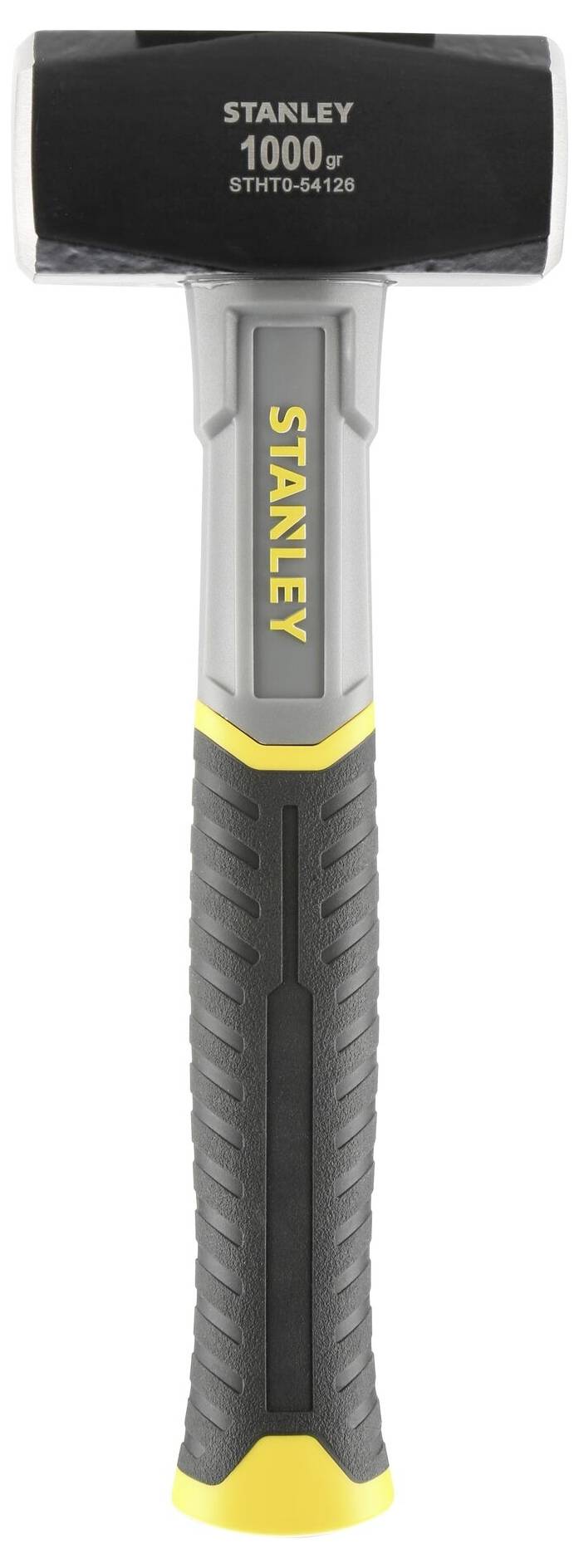 Schwarzer Fäustelhammer mit grauem, gummiertem Griff. 'STANLEY 1000g STHT0-54129' steht auf dem Kopf eingraviert.