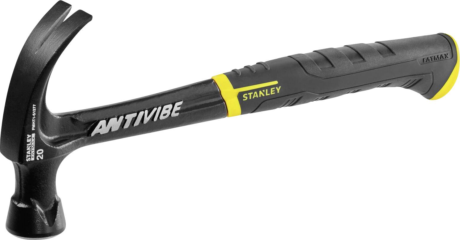 Ein schwarzer Hammer mit ergonomischem Griff, beschriftet mit 'ANTIVIBE STANLEY', speziell entwickelt zur Vibrationsreduktion.