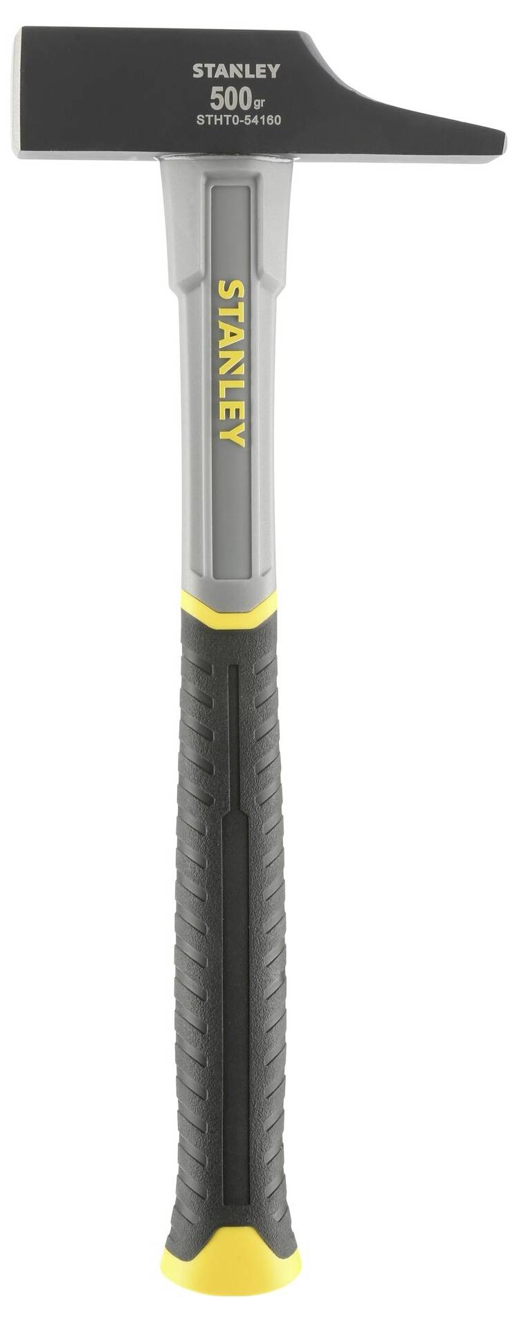 Ein Hammer mit gelbem und schwarzem Griff und schwarzem Kopf. Marke 'Stanley' und Gewicht '500g' auf dem Kopf markiert.